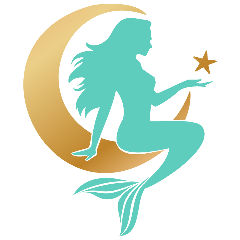 Mermaid Soul logo silhouette on a gold crescent moon with a star, on a white background